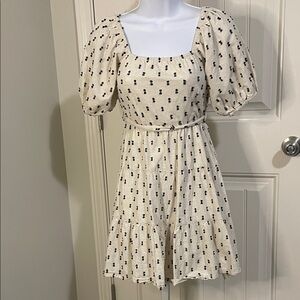 Square Neck Puff Sleeve Mini Dress in Cream with Black Dot